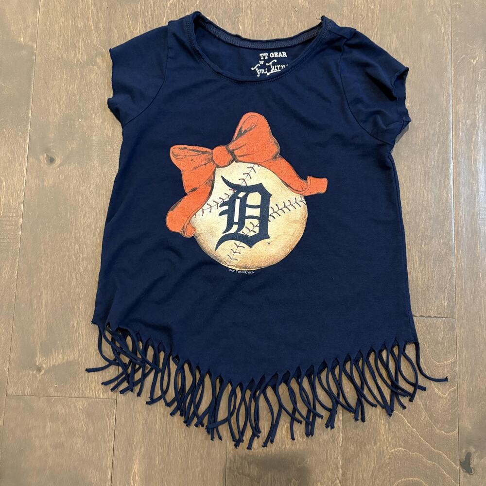 Detroit Tigers Shirt Girl Small 6-8 Blue MLB Baseball Fringe Bow Tiny Turnip Tee